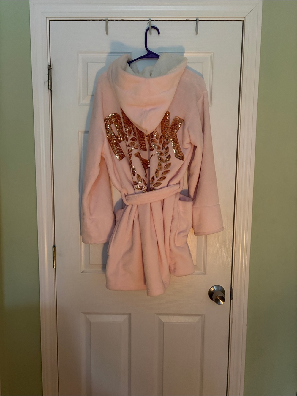 PINK Victoria's Secret Pale Pink Plush Hooded Robe with Sequin PINK Back Logo